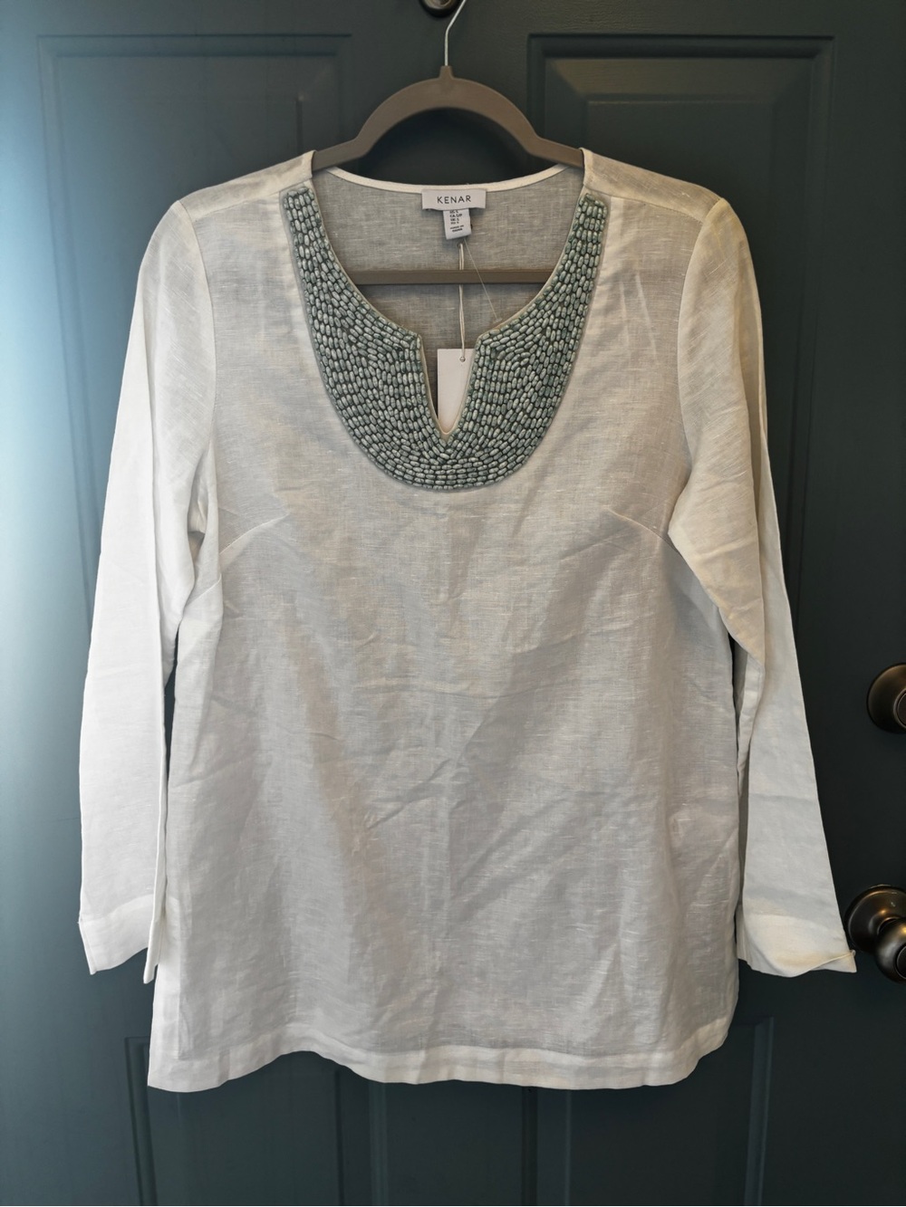 Kenar White Linen Tunic with Mint Beaded Scoop Neck